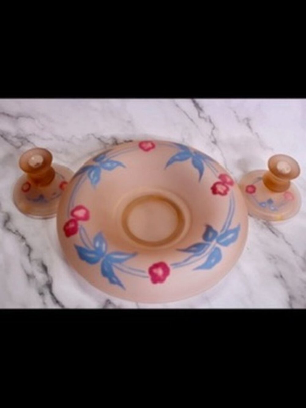 Reverse Painted Pink Satin Glass Console Bowl and Candlestick Holders Set